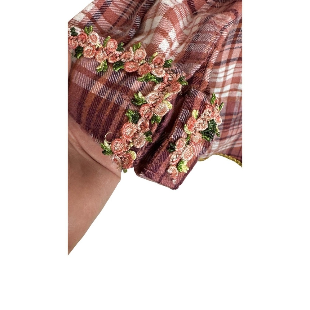 women's 100% Organic Cotton Plaid Shirt 3X Pink Floral Embroidery - Picture 5 of 9